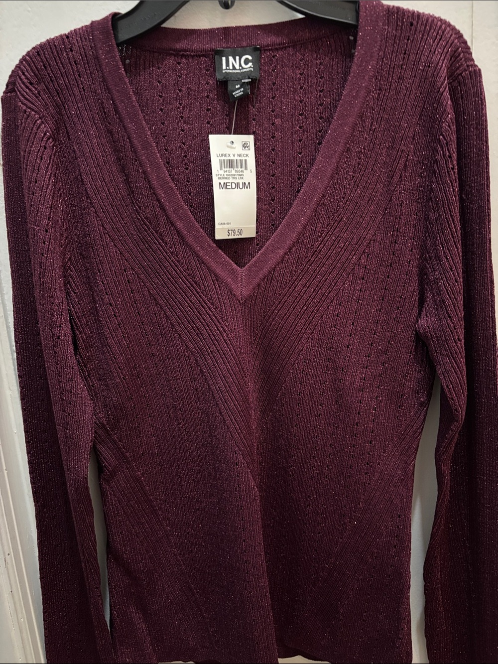 INC International Concepts Plum Ribbed V-Neck Sweater with Subtle Shimmer